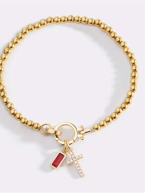 Mint&Lily Gold Beaded Bracelet with Red Charm and Pave Cross Charm